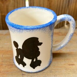 White Stoneware Coffee Mug with Blue Sponge Paint Rim & Poodle Silhouette 12oz